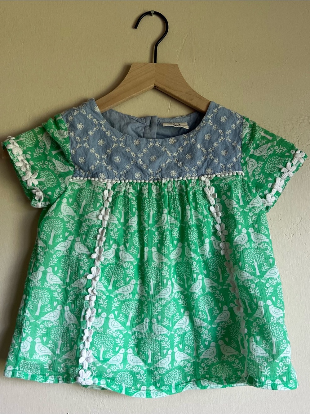 Mini Biden Girls Green Bird Print Top with Embroidered Chambray Yoke